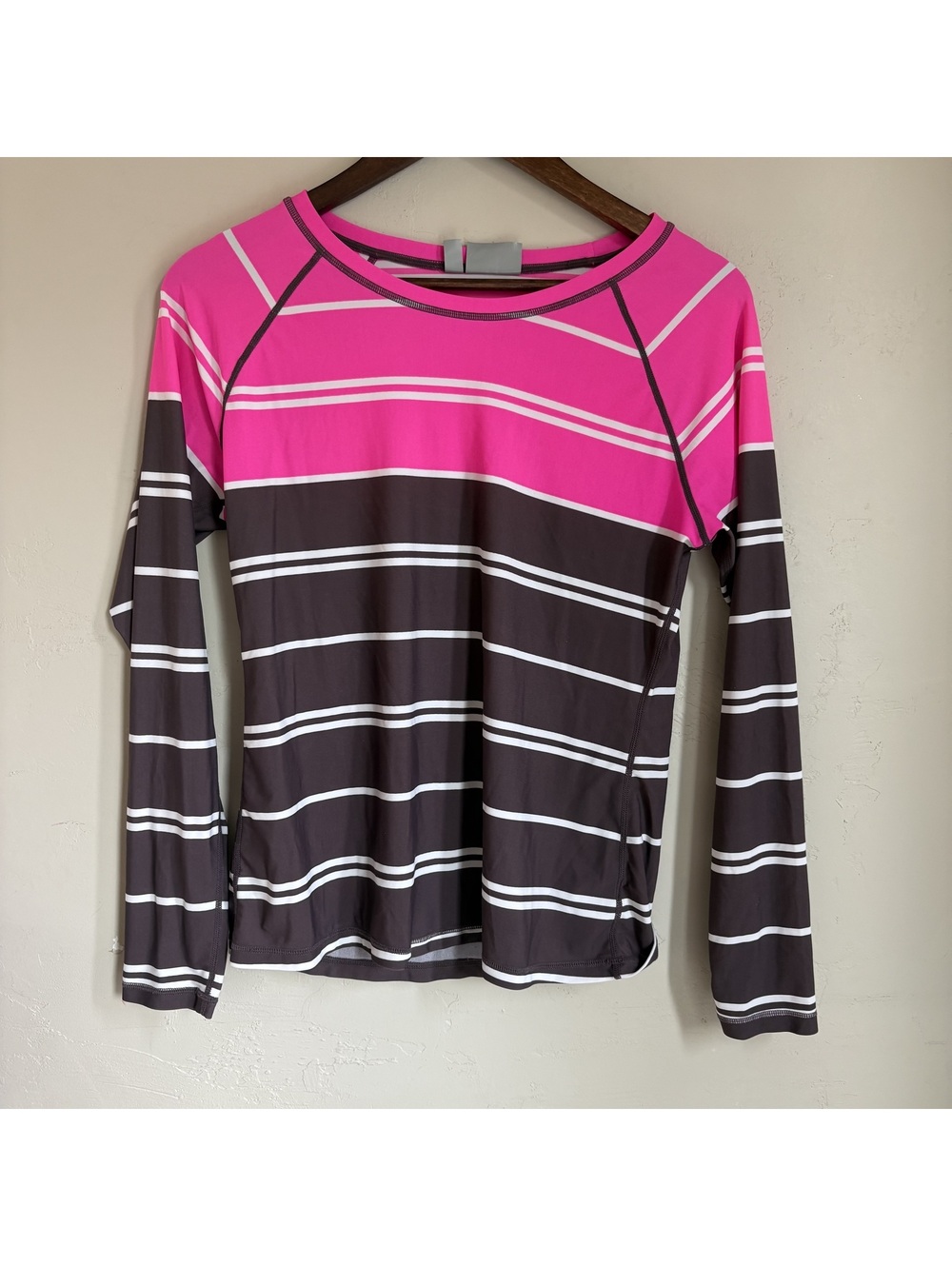 Athleta Pink White Striped Long Sleeve Crew Neck Swim Top / Rash Guard Medium